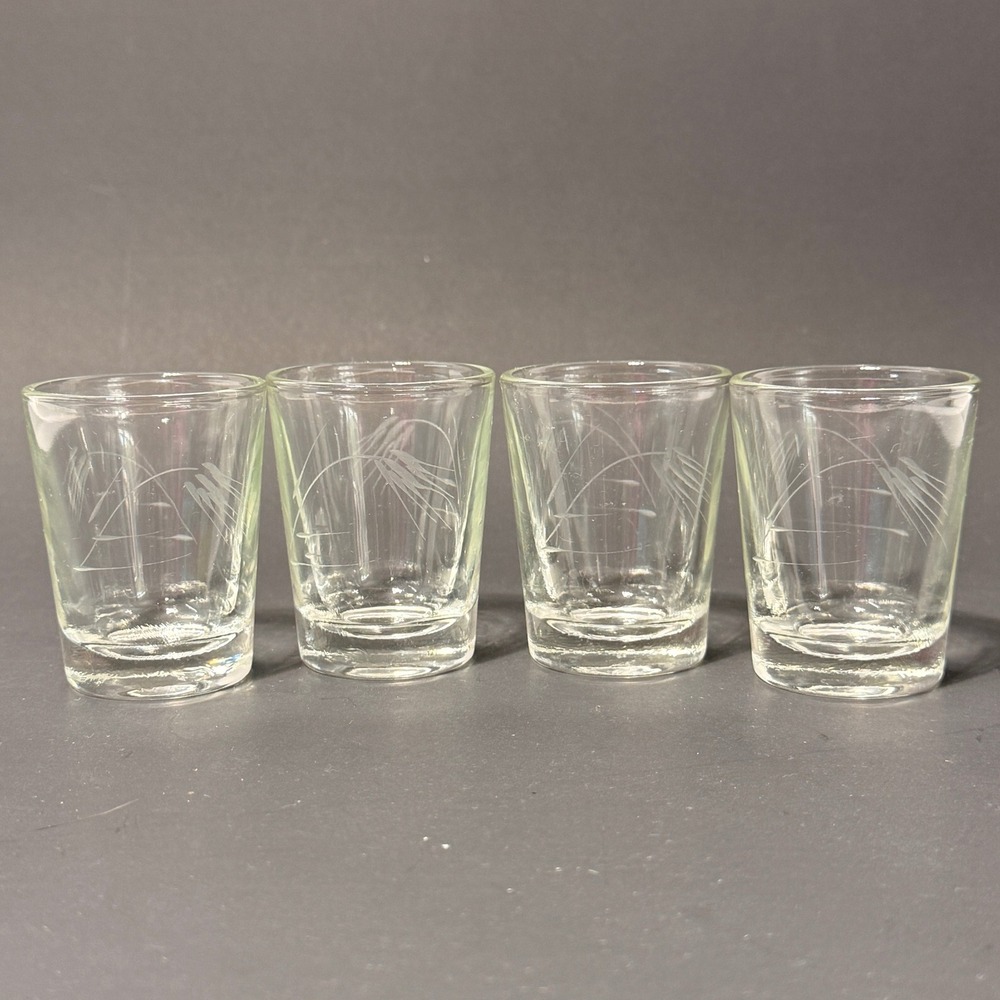 Vintage Etched Wheat Shot Glasses Clear Glass Set 4 Mid Century Barware 2.25in